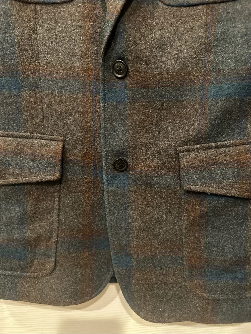 Perry Ellis 50% Wool Grey Blue Brown Plaid Fall Winter Slim Fit Blazer Jacket